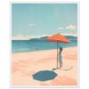 Sombrilla de playa en la arena con mujer con vestido y sombrero, vista al mar y cielo azul, arte digital estilo minimalista.
