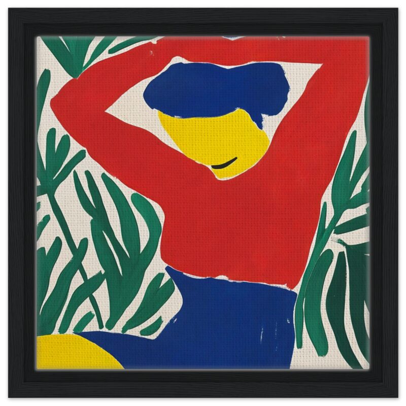 Colorida obra abstracta de estilo moderno con figura femenina y naturaleza, perfecta para decoración artística.