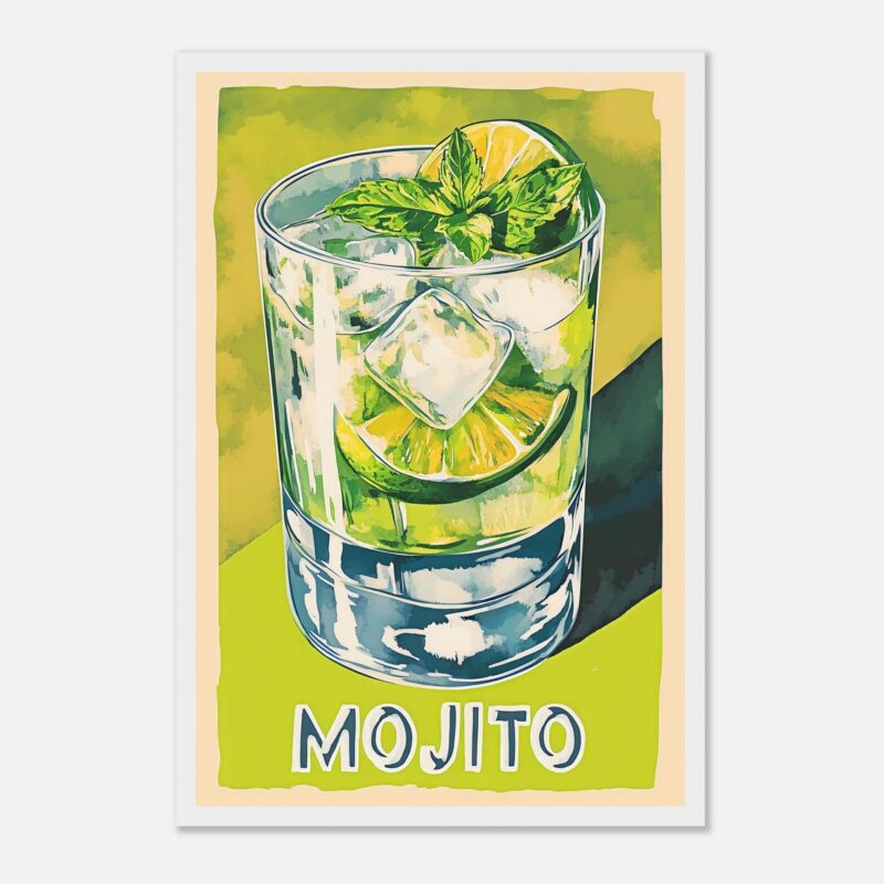 Refresco mojito con hielo, limón y menta en vaso transparente.