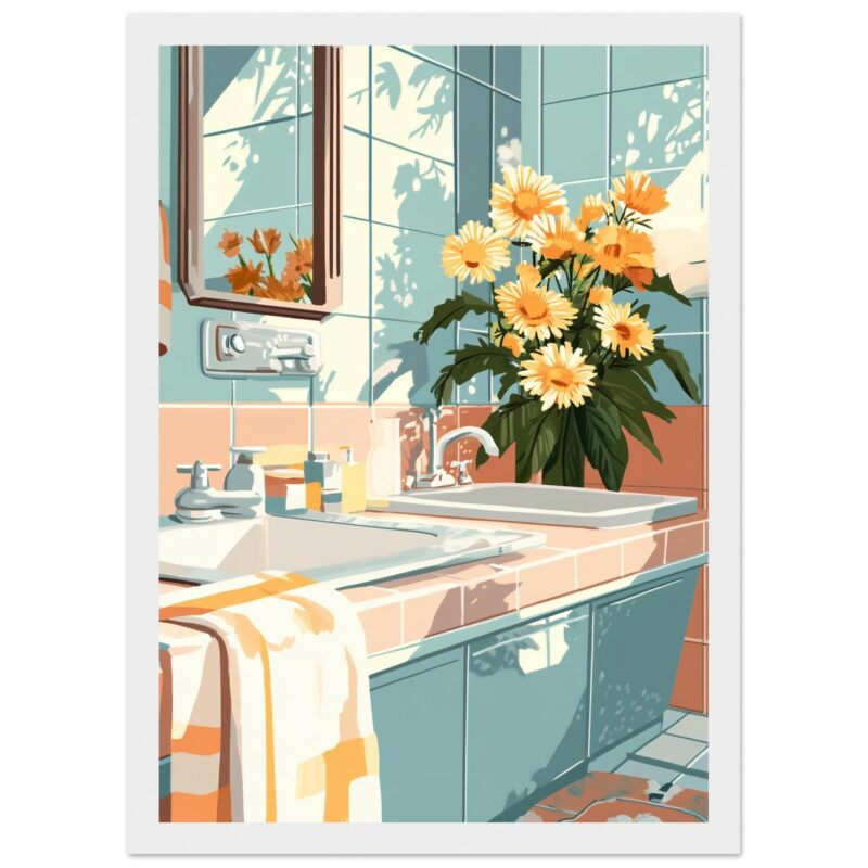 f94774f3-0928-4993-8eb7-8a5f9bb286e8.jpg Jarrón con flores en la cocina, decoración moderna y colorida, estilo de ilustración digital.