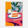 Pastel digital de una tarta de zanahoria con crema y frutos rojos en una mesa colorida.