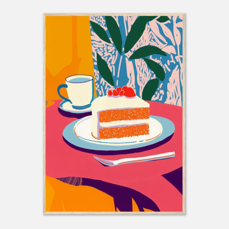Pastel digital de una tarta de zanahoria con crema y frutos rojos en una mesa colorida.