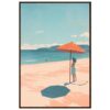 Sombrilla de playa en la orilla del mar con mujer en verano, ilustración digital.