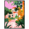 Hermosa pintura digital de paisaje con casas blancas y palmeras en un estilo colorido y contemporáneo.