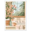 Florero con flores en el baño junto a ventana con vista a la naturaleza - Diseño digital de interior con estilo moderno y tranquilo.
