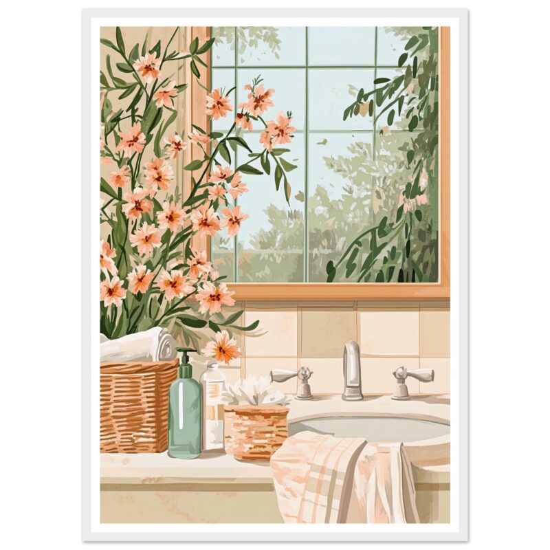 Florero con flores en el baño junto a ventana con vista a la naturaleza - Diseño digital de interior con estilo moderno y tranquilo.