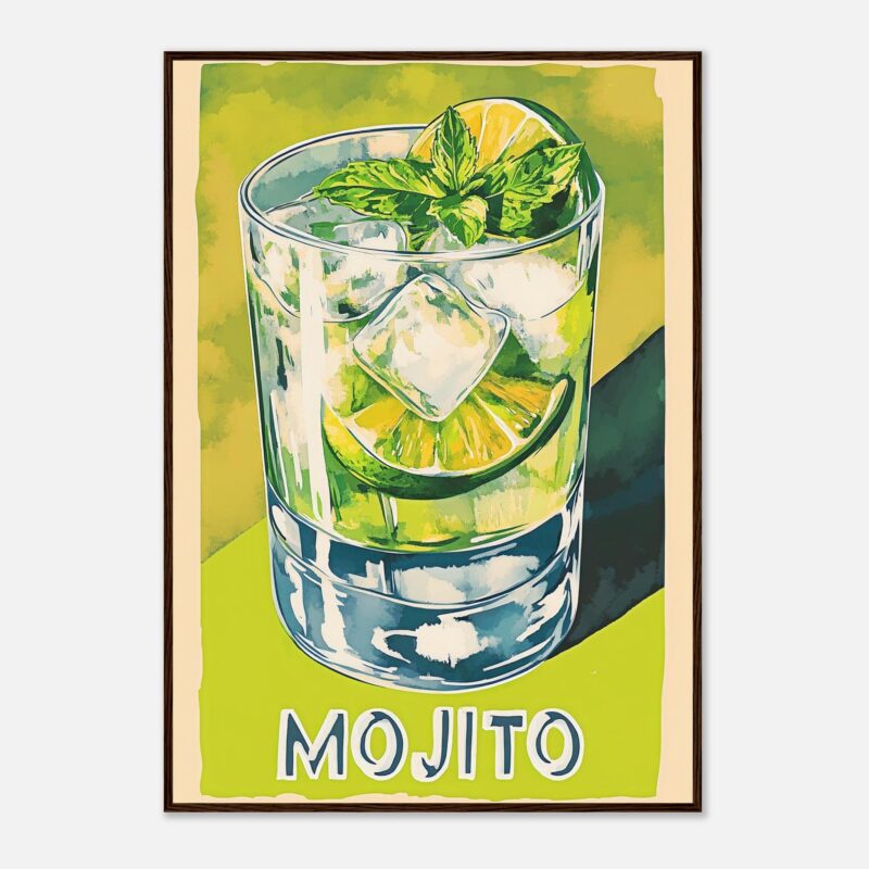 Refresco de mojito con menta y lima en vaso alto con hielo, ilustración artística.