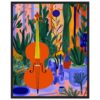 Ukelele en un vibrante estilo artístico con plantas y jarrones de colores brillantes.