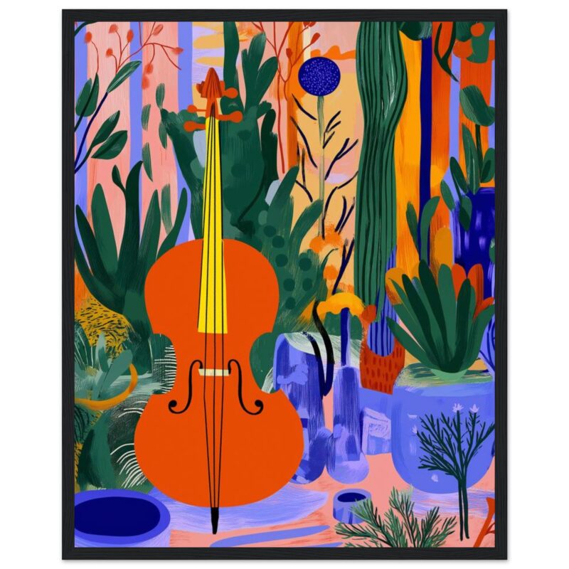 Ukelele en un vibrante estilo artístico con plantas y jarrones de colores brillantes.