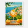 Refresco de verano con hielo y limón en vista de pueblo costero y mar en fondo, estilo digital.