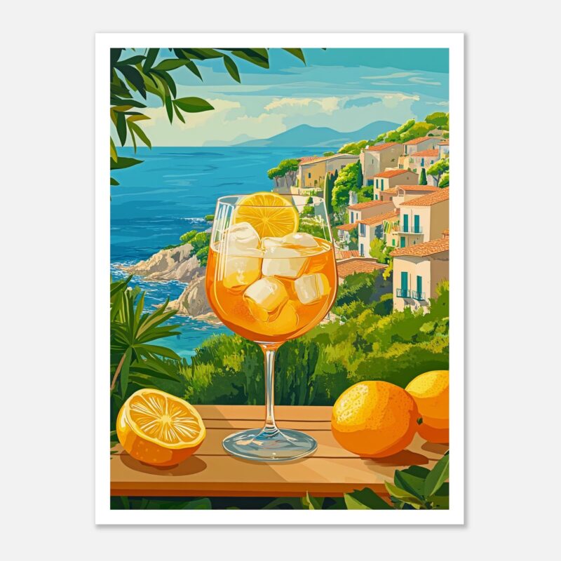 Refresco de verano con hielo y limón en vista de pueblo costero y mar en fondo, estilo digital.