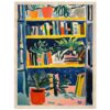 Libros y plantas en estantería, estilo pintura moderna con colores vibrantes en casa.