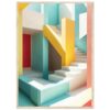 Puerta colorida y escaleras en un entorno moderno y artístico con varías paredes en tonos pastel.