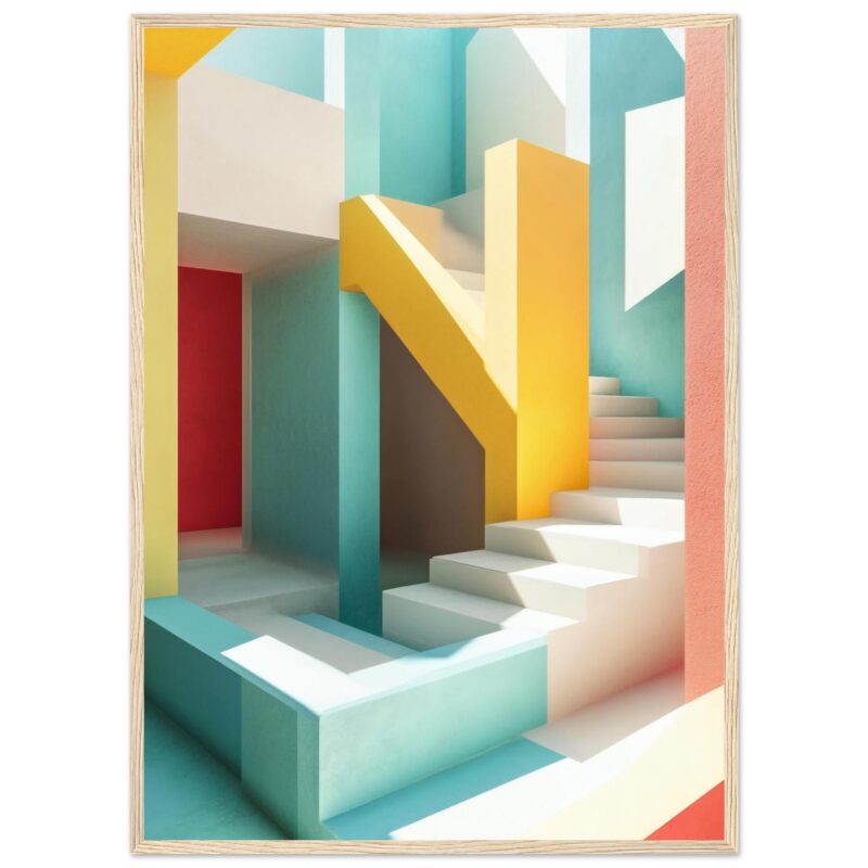Puerta colorida y escaleras en un entorno moderno y artístico con varías paredes en tonos pastel.