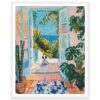 Colorida pintura de estilo moderno de una vista al mar desde una casa con plantas y perro en la entrada.