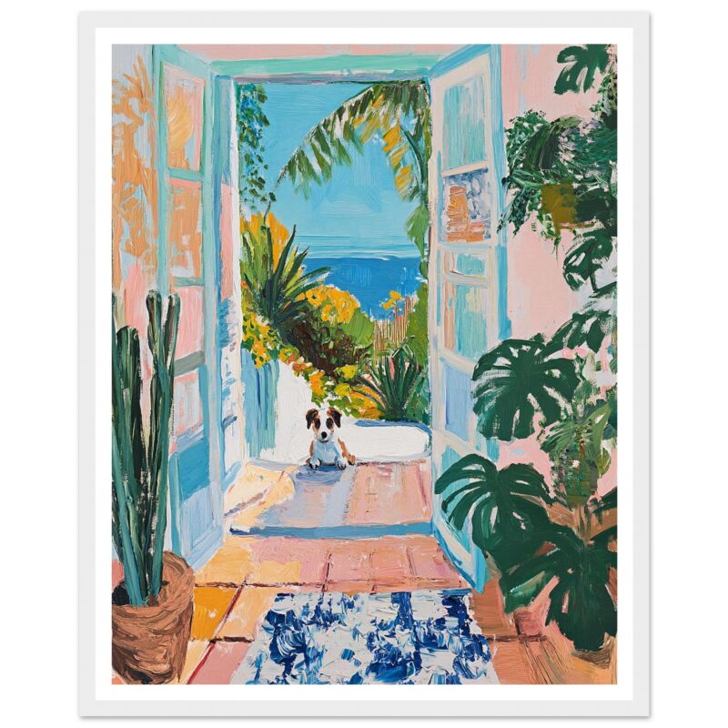 Colorida pintura de estilo moderno de una vista al mar desde una casa con plantas y perro en la entrada.