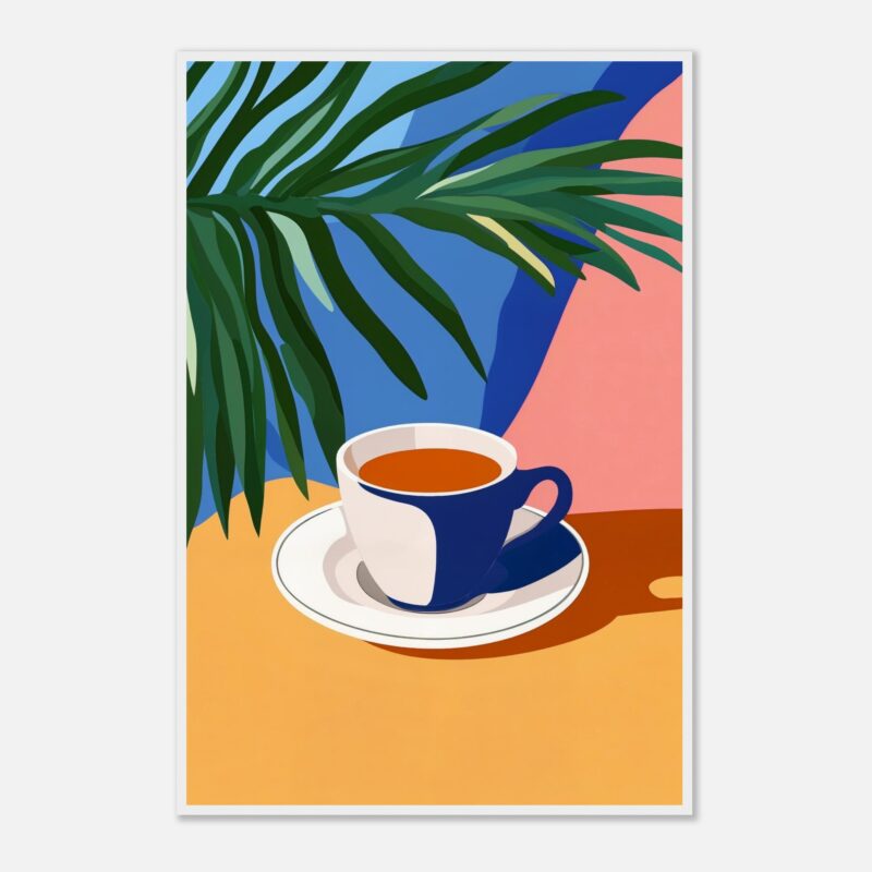 Taza de café con fondo colorido y planta tropical, arte digital minimalista, estilo moderno y vibrante.