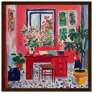 Bastidor con pintura acrílica de interior con plantas y flores en colores vibrantes y estilo expresionista, arte contemporáneo, decoración moderna, Digiart Studio.