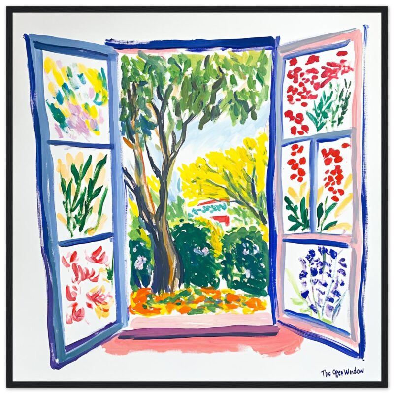 Ventana abierta con vista a un jardín colorido, estilo pintura acrílica, obra artística de Digiart Studio.