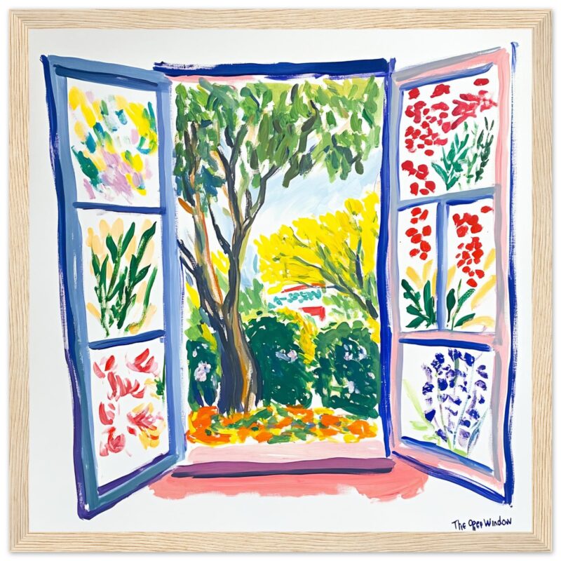 Ventana abierta con vista a un jardín colorido, estilo pintura moderna, creatividad artística, paisajes, naturaleza, obra de arte digital, obra de arte digital, paisaje natural, arte digital, pintura estilizada, ilustración artística.