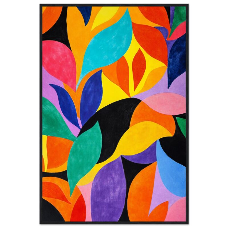Vibrante pintura abstracta con formas y colores llamativos para decoración moderna.