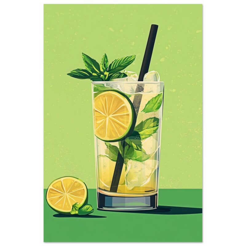 Refresco de limón y menta con hielo y una pajilla, en un estilo ilustrado moderno.