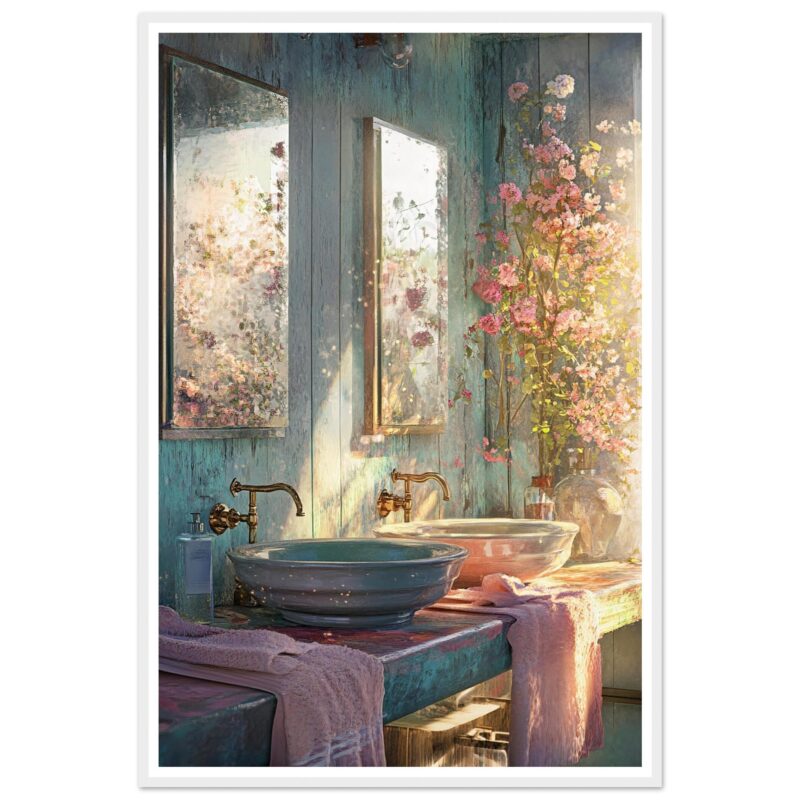 Bañador vintage con lavabos de cerámica y espejo en baño rústico con flores.