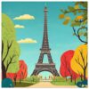 Torre Eiffel en ilustración artística con árboles de otoño y cielo azul.