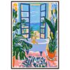 Jarrón con plantas en interior con vista al mar y perro en bañera, estilo artístico vibrante y colorido.