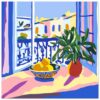 Trazado digital de una terraza con jarrón de plantas y frutas en colores vibrantes.