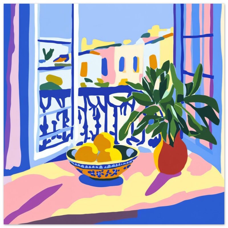 Trazado digital de una terraza con jarrón de plantas y frutas en colores vibrantes.