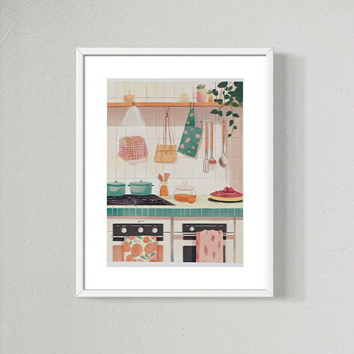 Cocina moderna con utensilios y decoración colorida, estilo ilustración en arte digital.