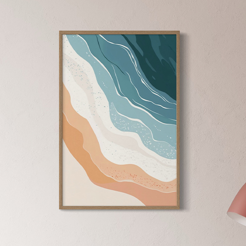 Lienzo decorativo con diseño abstracto de formas de playa y oceáno, ideal para decorar espacios modernos y elegantes.