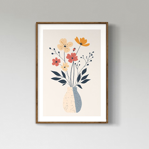 Variedad de flores en jarrón minimalista, arte decorativo moderno, impresión artística para paredes.