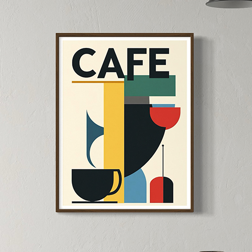 Una ilustración moderna de taza de café y elementos abstractos, perfecta para decoración de cafeterías y espacios creativos.